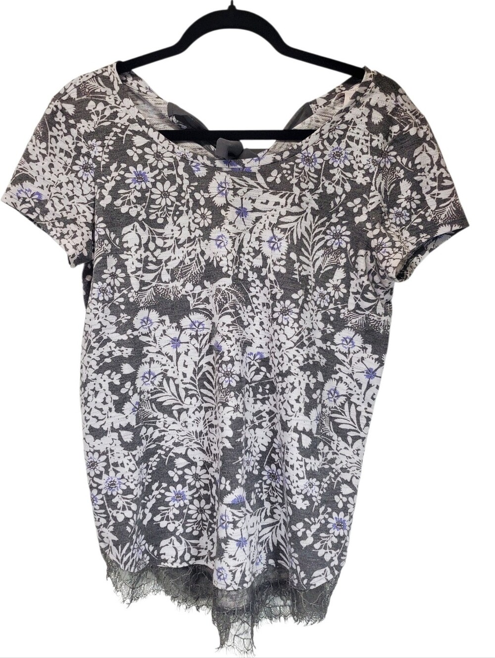 Office Siren Floral Gray Lace Bow Blouse Lauren Conrad Medium Feminine